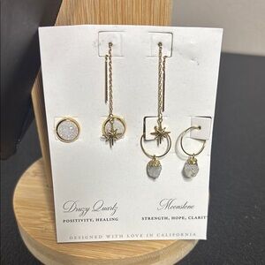 North Star Druzy Quartz Moonstone Gold Tone White Dangle Stud Earrings New